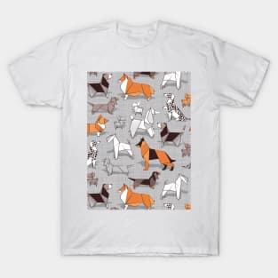 Origami doggie friends // pattern // grey linen texture background T-Shirt